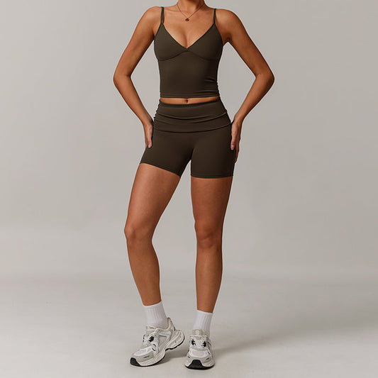 V-shape neck and thin straps tank top + High-waisted shorts 2-piece set