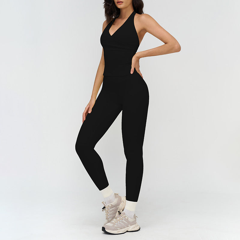 Halter neck backless tank top + high-waisted leggings 2-piece set