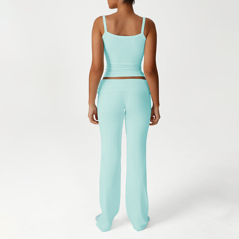 Lace Low-Cut Crop Top + Elastic Ruched Waistband Flared Pants 2-Piece Set