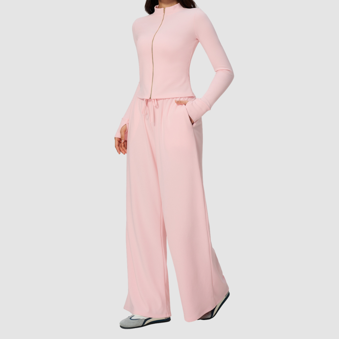 Wholesale Women's Stand-Collar Zip Jacket & Wide-Leg Pants Yoga Set
