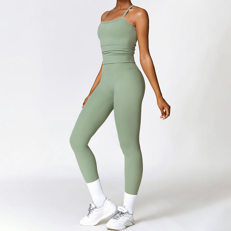 Tapa del tanque de yoga de cruz cepillado + Leggings de cintura alta de 2 piezas