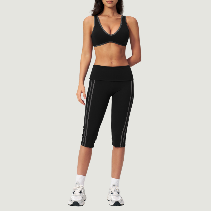 Wholesale color-blocked V-neck sports bra & striped cropped pants set