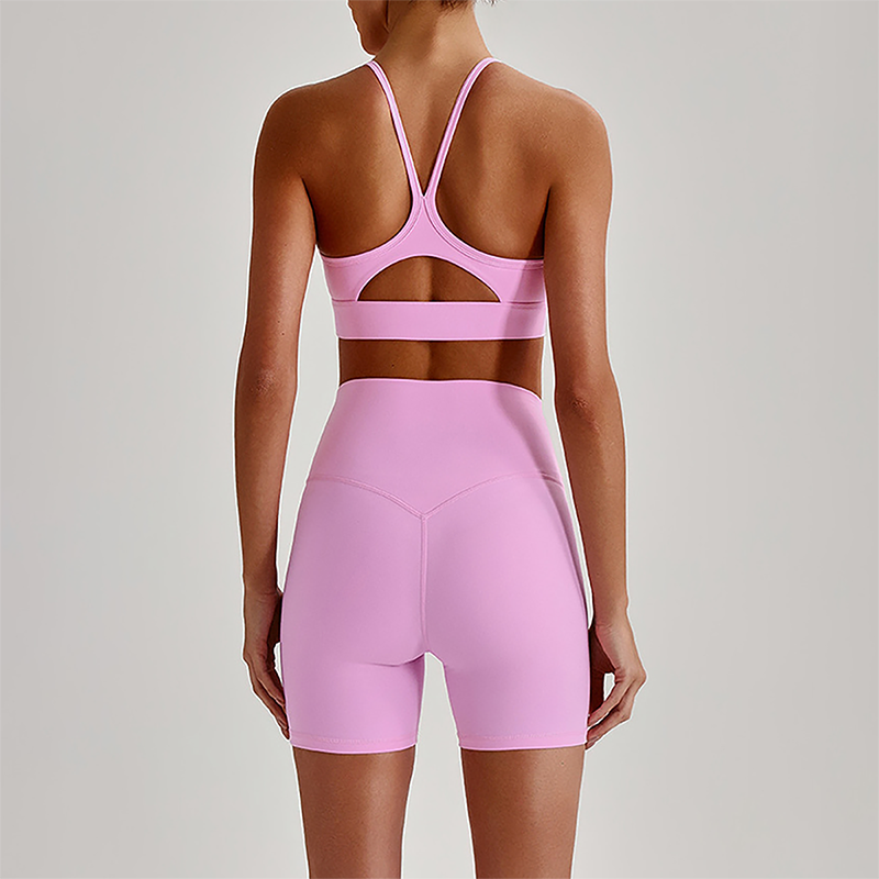 Wholesale Brushed Naked-Feel Open-Back Sports Bra & High-Waist Shorts Set – Sculpting Yoga 2-Piece