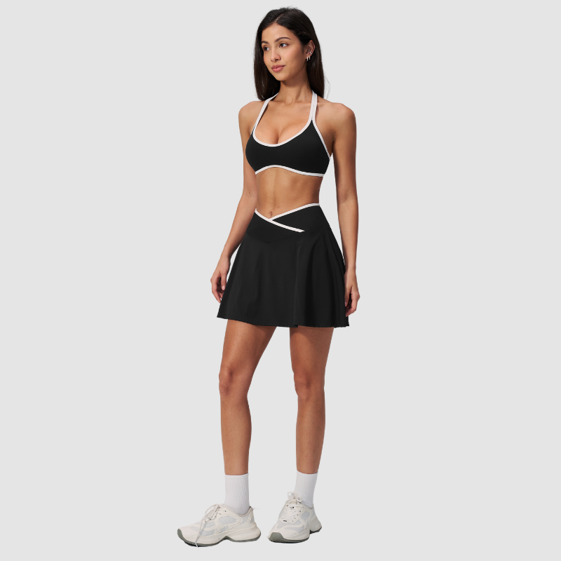 Wholesale Women's Color Block Sports Bra & Anti-Exposure High-Waist Mini Skirt Set – Naked Feel Yoga Gym Activewear