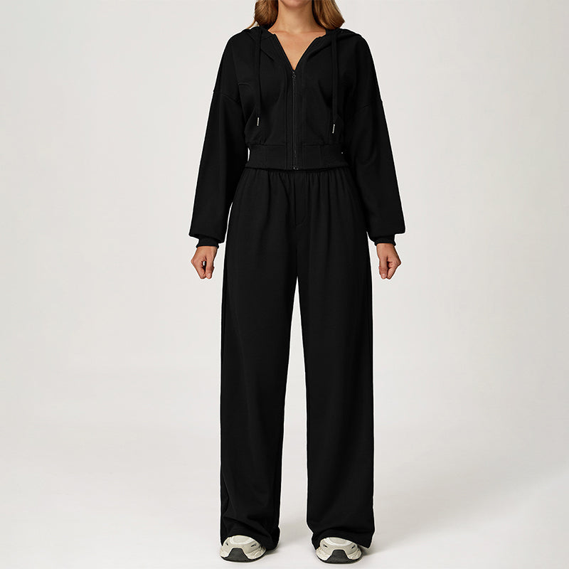 LOOSE HOODED AND FULL ZIPPER SWEATSHIRT + DRAWSTRING SWEATPANTS 2 PIECES SET