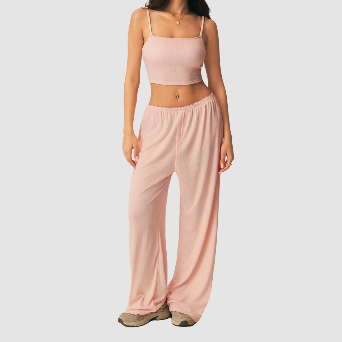 Wholesale Women's 3-Piece Yoga Lounge Set – Padded Cami, Cardigan & Wide-Leg Pants