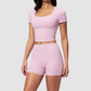 Wholesale Women's Seam-Detail Short Sleeve Crop Top + High-Waist Shorts Set – Butt-Lifting Yoga Gym Activeweare
