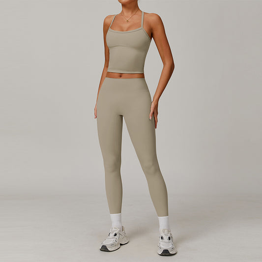 Tapa del tanque de yoga de cruz cepillado + Leggings de cintura alta de 2 piezas