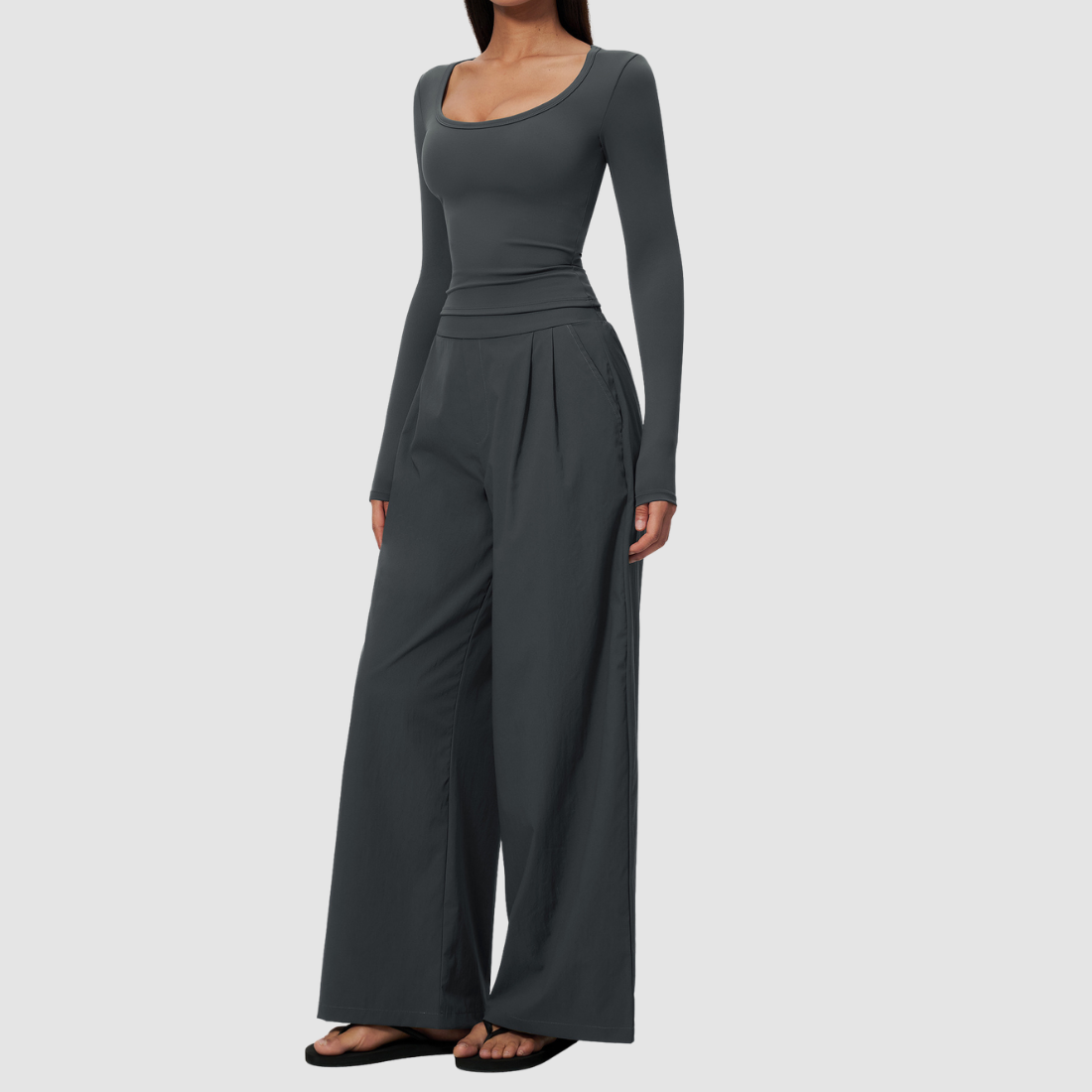 Wholesale Women's Brushed V-Neck Long Sleeve Top & Wide-Leg Pants Yoga Set