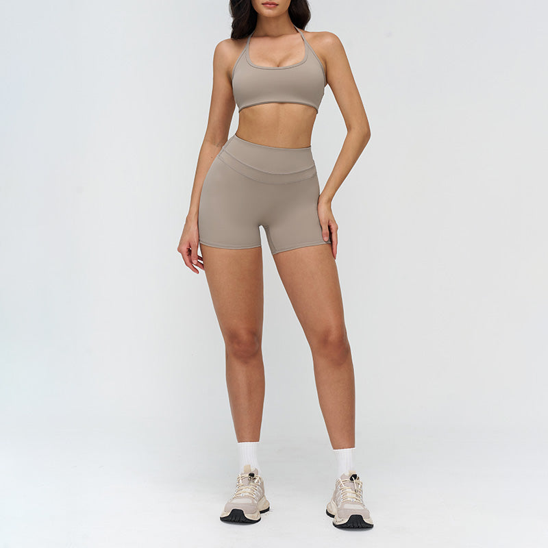 Halter-neck open-back sports bra + high-waisted shorts 2-piece set