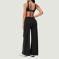 Nude-feel deep V bra + high waist + high-waisted color-blocked pants 2-piece set