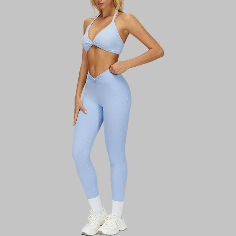 Removable padding sports bra+Pleated waistband sport leggings 2-piece set