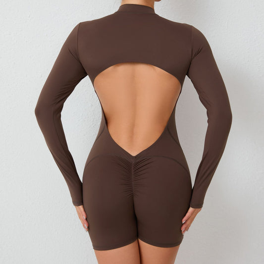 backless half zipper long sleeve yoga shorts jumpsuit