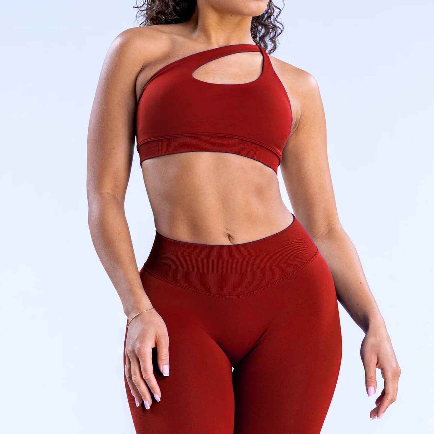 Slanted shoulder Sports Bra + High-waisted leggings 2-Piece Set