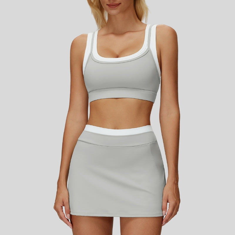 Contrast color sports bra + Anti-exposure short skirt