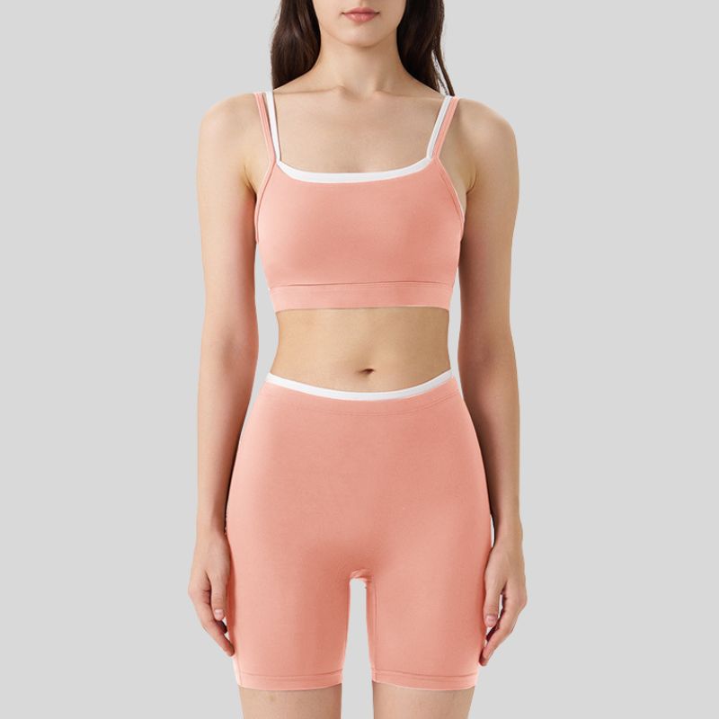 Fake two-piece contrasting color sports bra + shorts