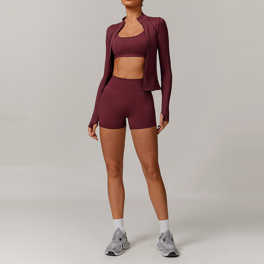 Seamless yoga bra + Full Zipper jackets + high waist shorts 3-piece set