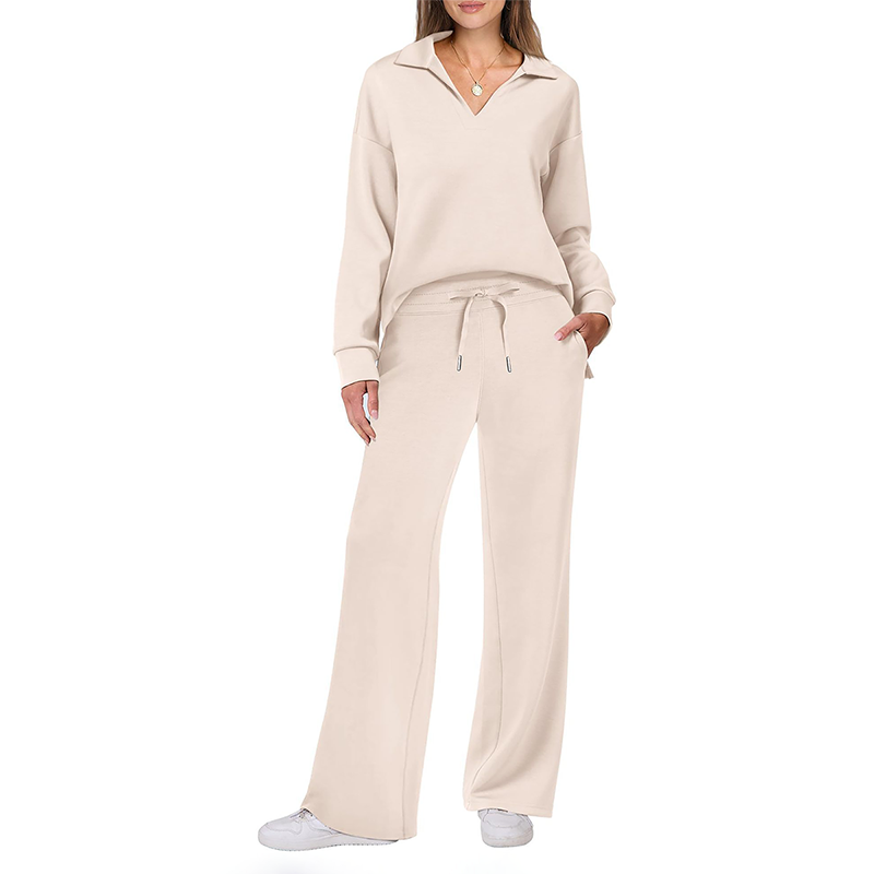 Wholesale Notched Long Sleeve Hooded Jacket + Loose Wide-Leg Pants