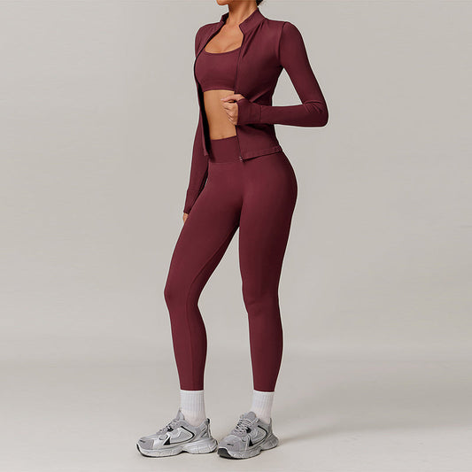 Seamless yoga bra + Full Zipper jackets + high waist leggings 3-piece set