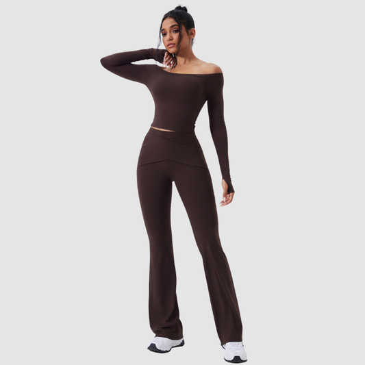 Wholesale off-the-shoulder yoga top + flared | Wonderxfans bulk activewear