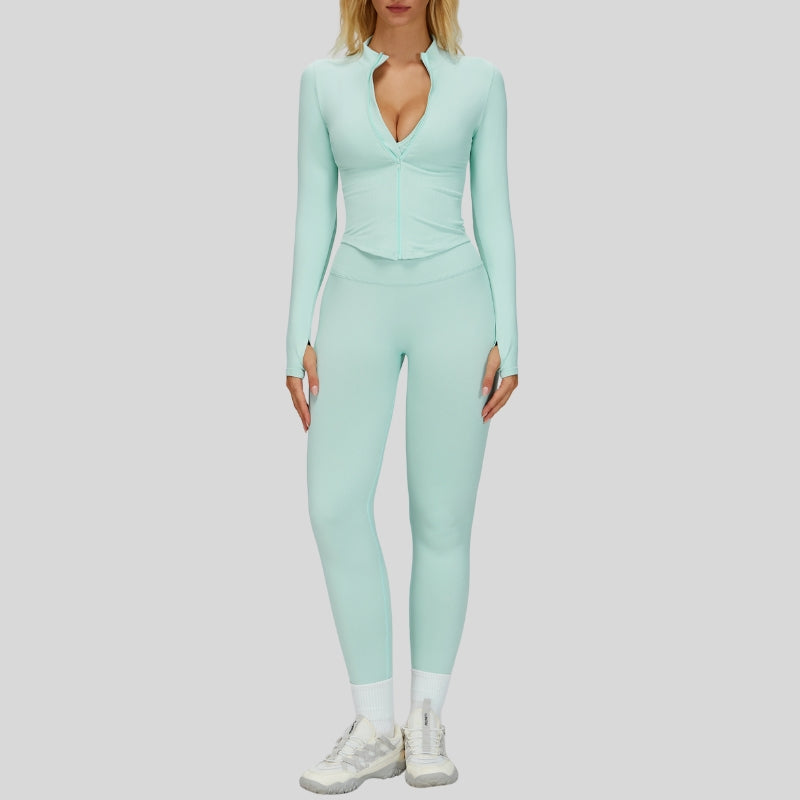 Reggiseno sportivo senza soluzione di continuità + giacca con cerniera piena + leggings a vita alta set a 3 pezzi