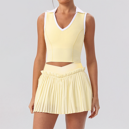 Wholesale Women's Halter Neck Sports Bra & Pleated Mini Skirt Set with Chest Pad