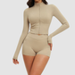 Wholesale stand-collar zippered jacket + high-waisted tight shorts
