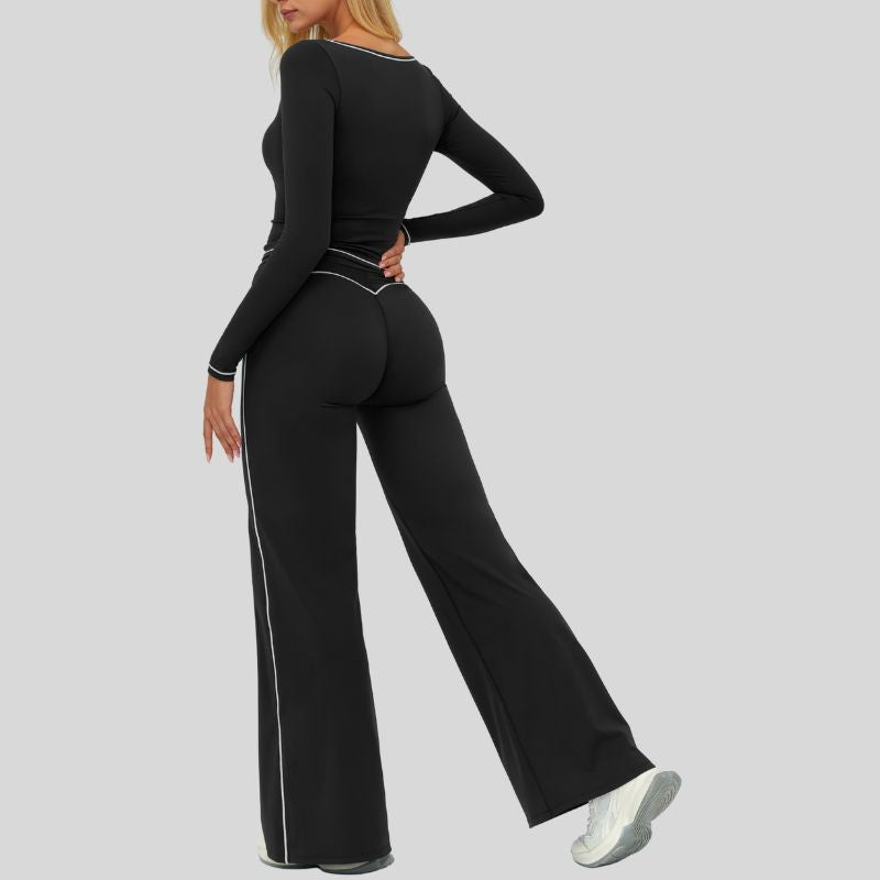Color-blocked long-sleeved sports top+ High-waisted wide-leg pants 2-piece set