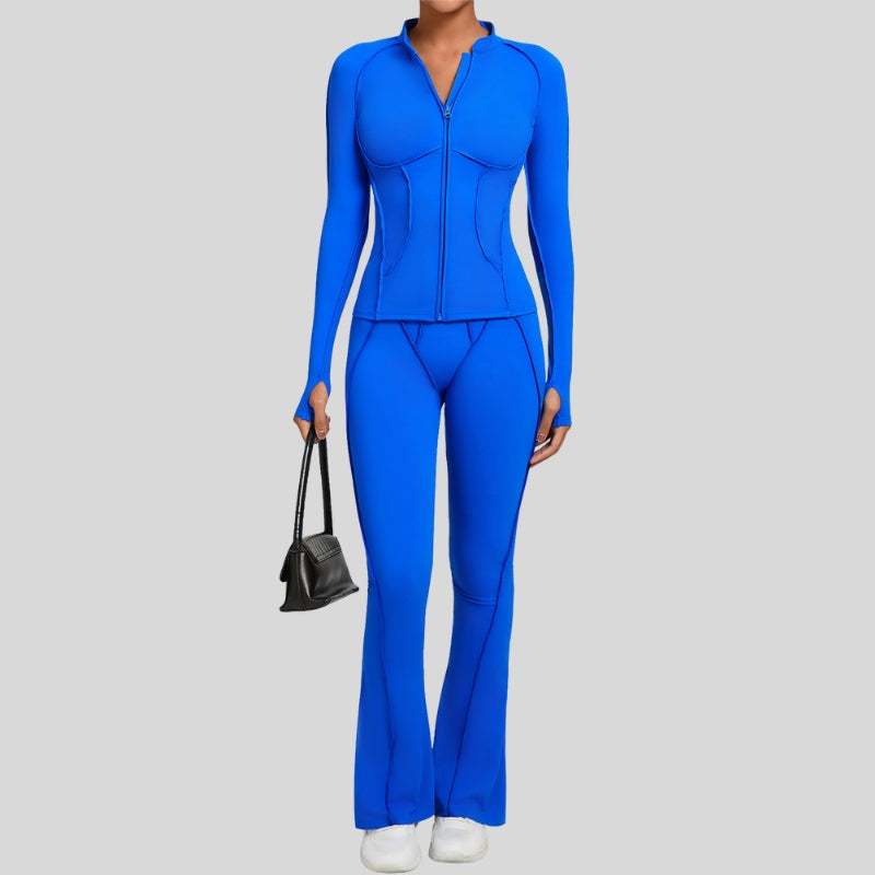 Thumb-buckle zipper jacket + slightly flared pants + sports bra 3-piece set