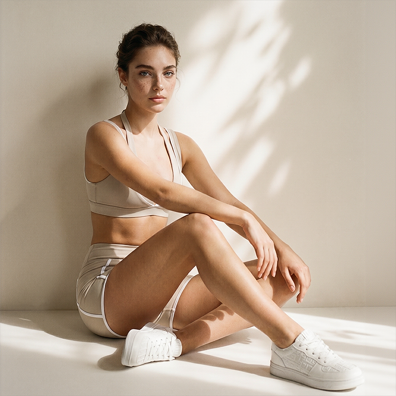 Wholesale Women's Naked-Feel Seam-Detail Sports Bra & Shorts Set – Contrast Stitch Sculpting 2-Piece Yoga Set
