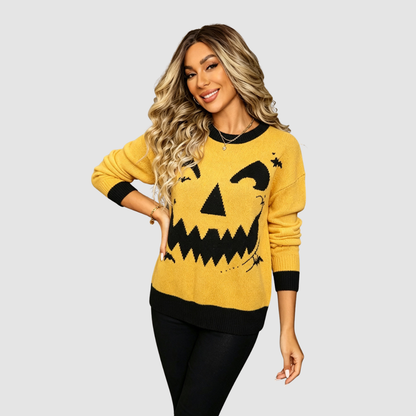 Wholesale Women's Halloween Witch Bat & Skull Knit Sweater – Yellow Round-Neck Pullover