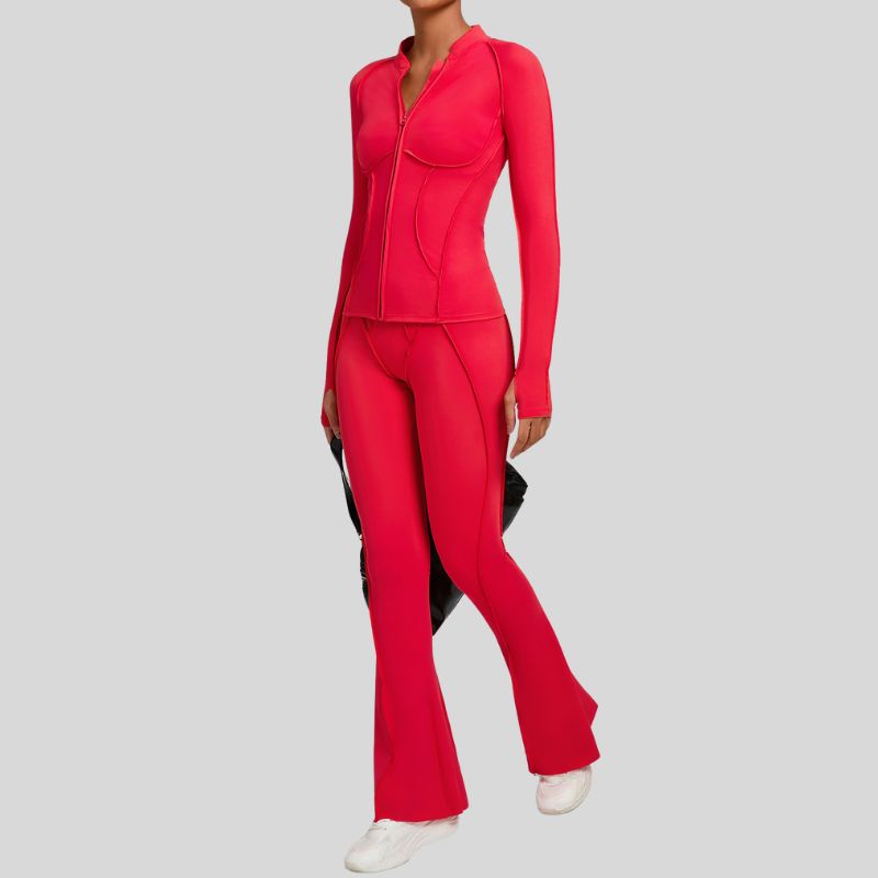 Thumb-buckle zipper jacket + slightly flared pants+2-piece set