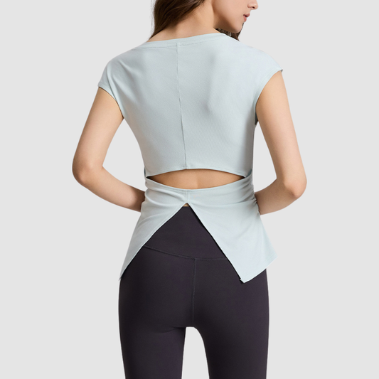 Wholesale Women's V-Neck Open-Back Short Sleeve Yoga T-Shirt – Pilates Bare-Feel Fitness Top