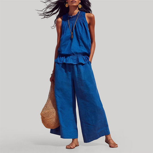 Wholesale Women's Ruffle Neck Sleeveless Top & Wide-Leg Pants Vacation Set