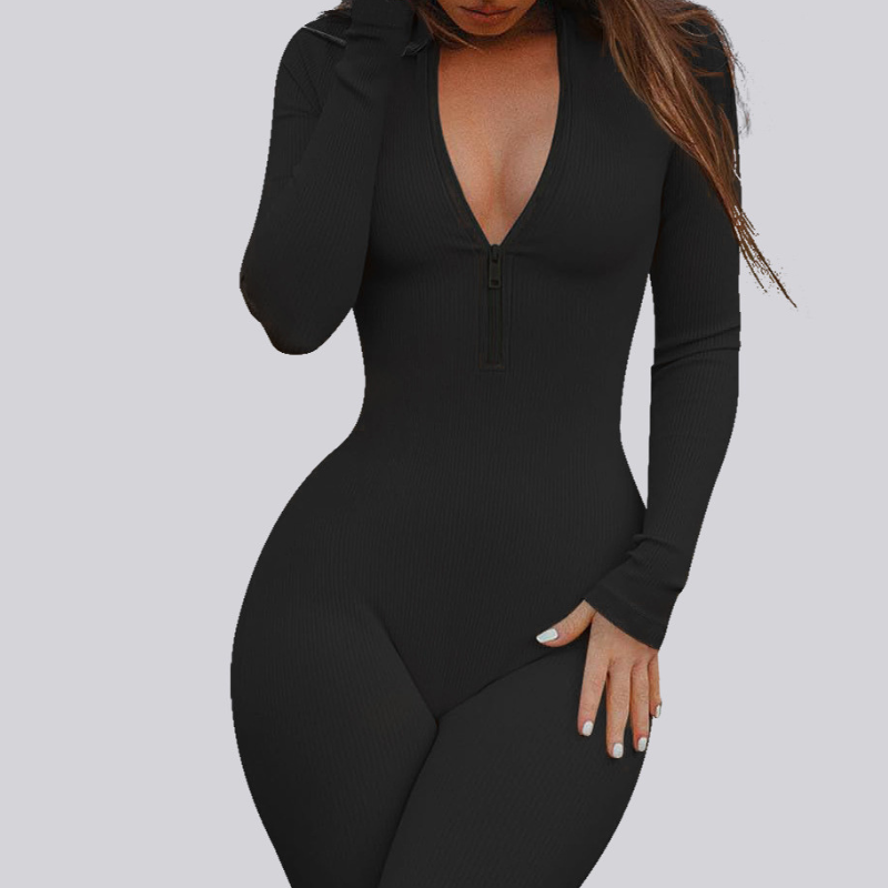 Women's ribbed long-sleeve zip-up casual athletic jumpsuit