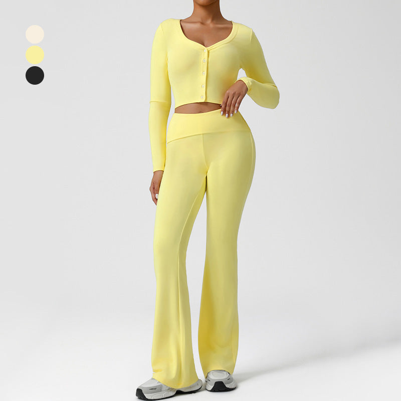 Snug-Fit Cropped Long Sleeve + Flared Leg Pants 2-Piece Set