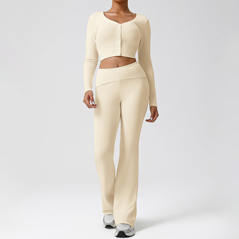 Snug-Fit Cropped Long Sleeve + Flared Leg Pants 2-Piece Set