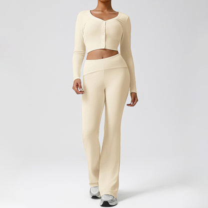 Snug-Fit Cropped Long Sleeve + Flared Leg Pants 2-Piece Set