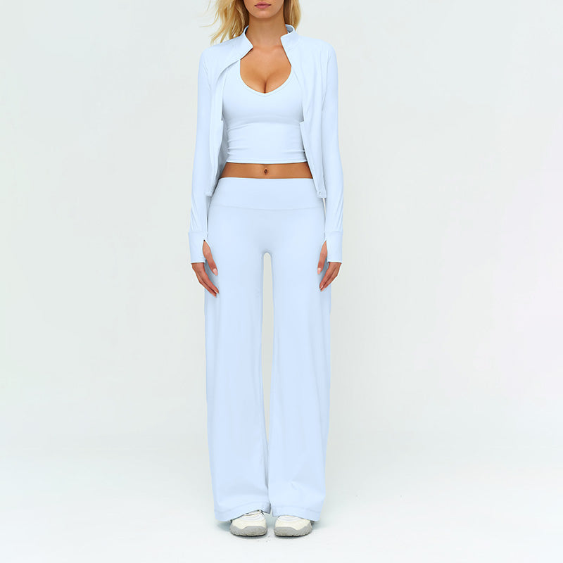 Stand collar zipper jacket +V-neck backless tank top + high-waisted loose wide-leg pants 3-piece set