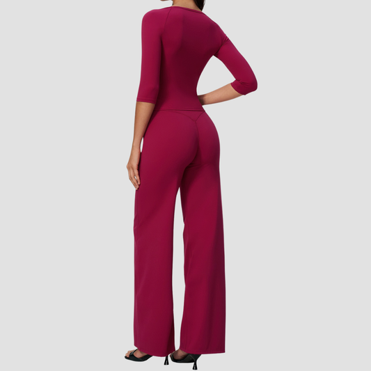 Wholesale Women's Round neck mid sleeve top+Hip lift Wide-Leg Yoga Set