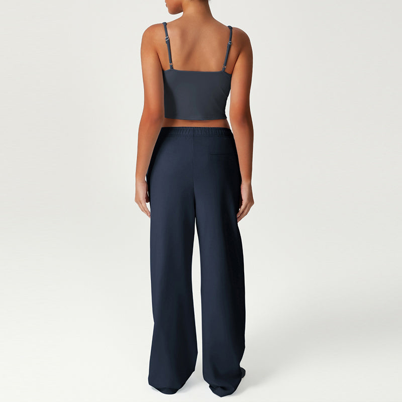 V-Neck Crop Top + Loose Sports Pants 2-Piece Set