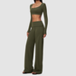 Wholesale Women's Brushed Yoga Set: Long-Sleeve Crop Top & Foldover Wide-Leg Pants
