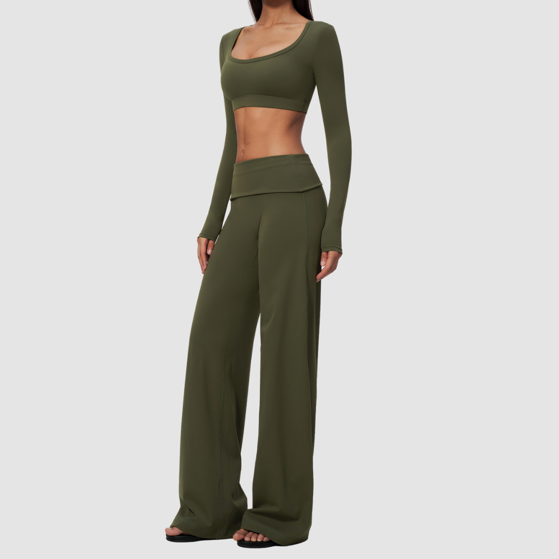 Wholesale Women's Brushed Yoga Set: Long-Sleeve Crop Top & Foldover Wide-Leg Pants