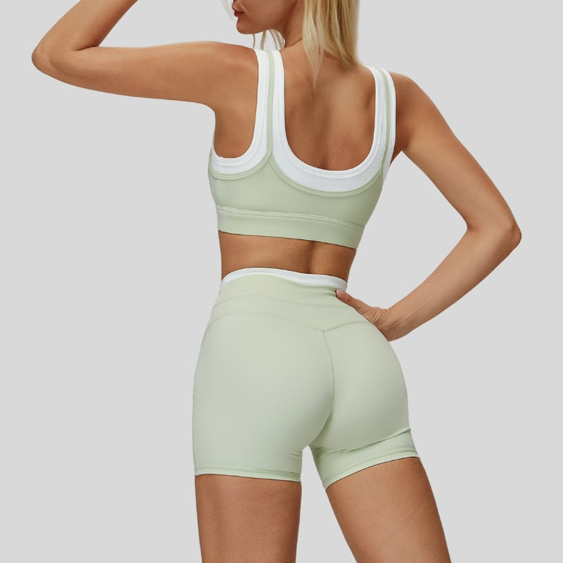 Contrast color sports bra + sports shorts 2-piece set