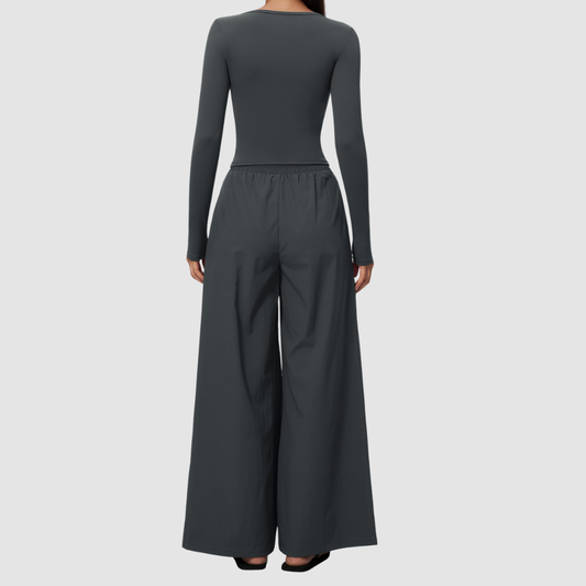 Wholesale Women's Brushed V-Neck Long Sleeve Top & Wide-Leg Pants Yoga Set