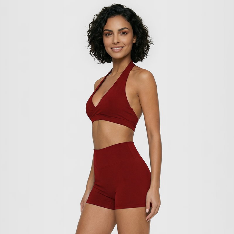 Deep V halter neck bra + high waisted shorts 2-piece set