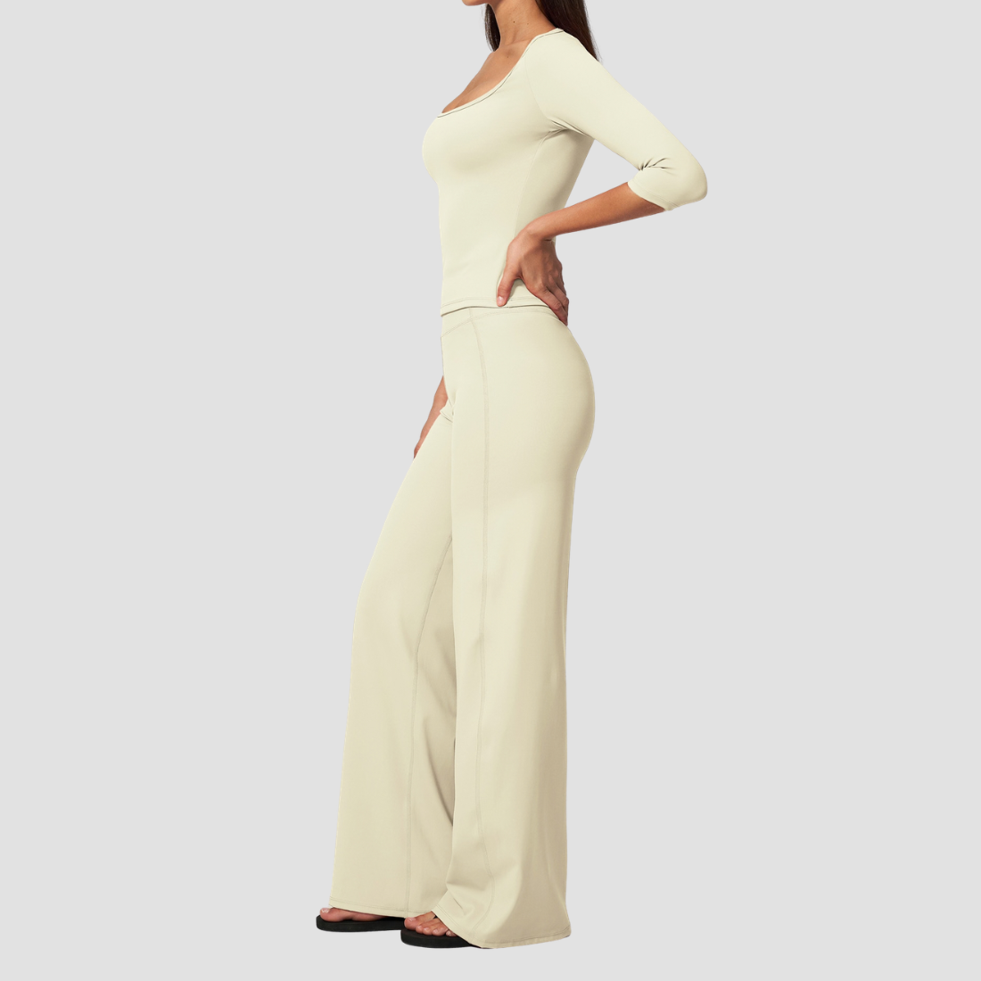 Wholesale Women's Round neck mid sleeve top+Hip lift Wide-Leg Yoga Set