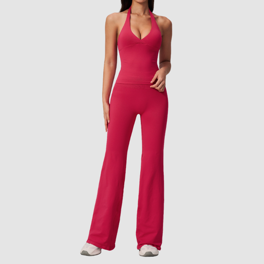 Wholesale Women's V-Neck Halter Sports Bra & Flare Pants Set – Seamless Ribbed Yoga Activewear