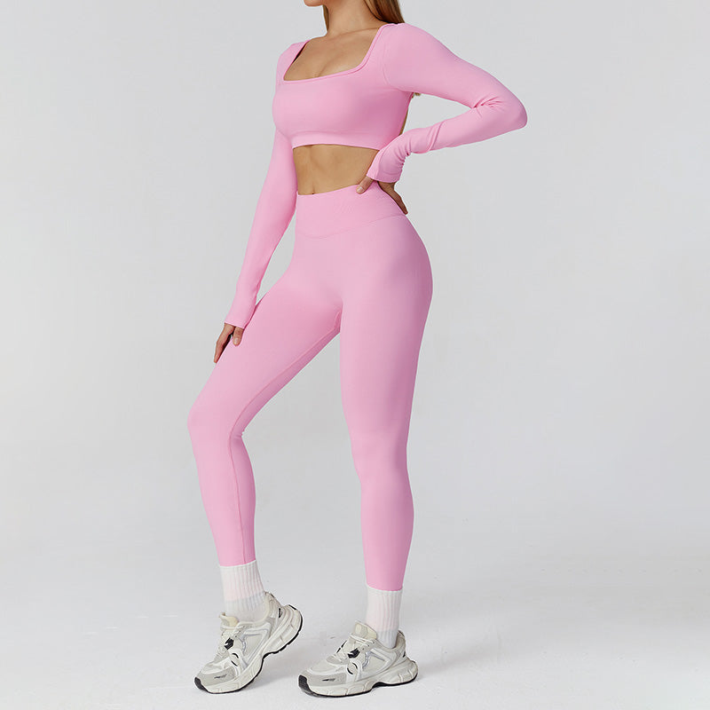 Seamless Long Sleeve Sports Top + hoch taillierte Leggings 2-teilige Leggings