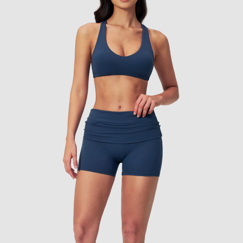 Wholesale Cross Trap Sports Bra + Fold-Up Waistband Shorts 2-Piece Set